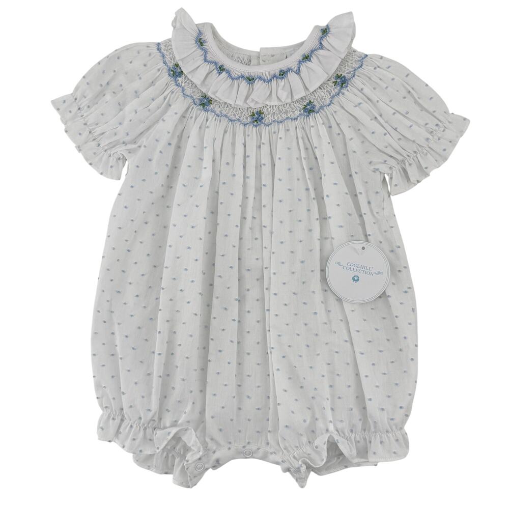 Edgehill Collection Baby Girl Smocked Blue Swiss Dot Bubble Romper Size 12M